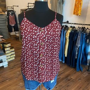 Burgundy polka dot button down tank